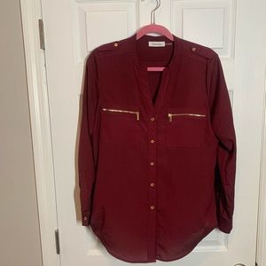 Burgundy blouse with gold embellishments